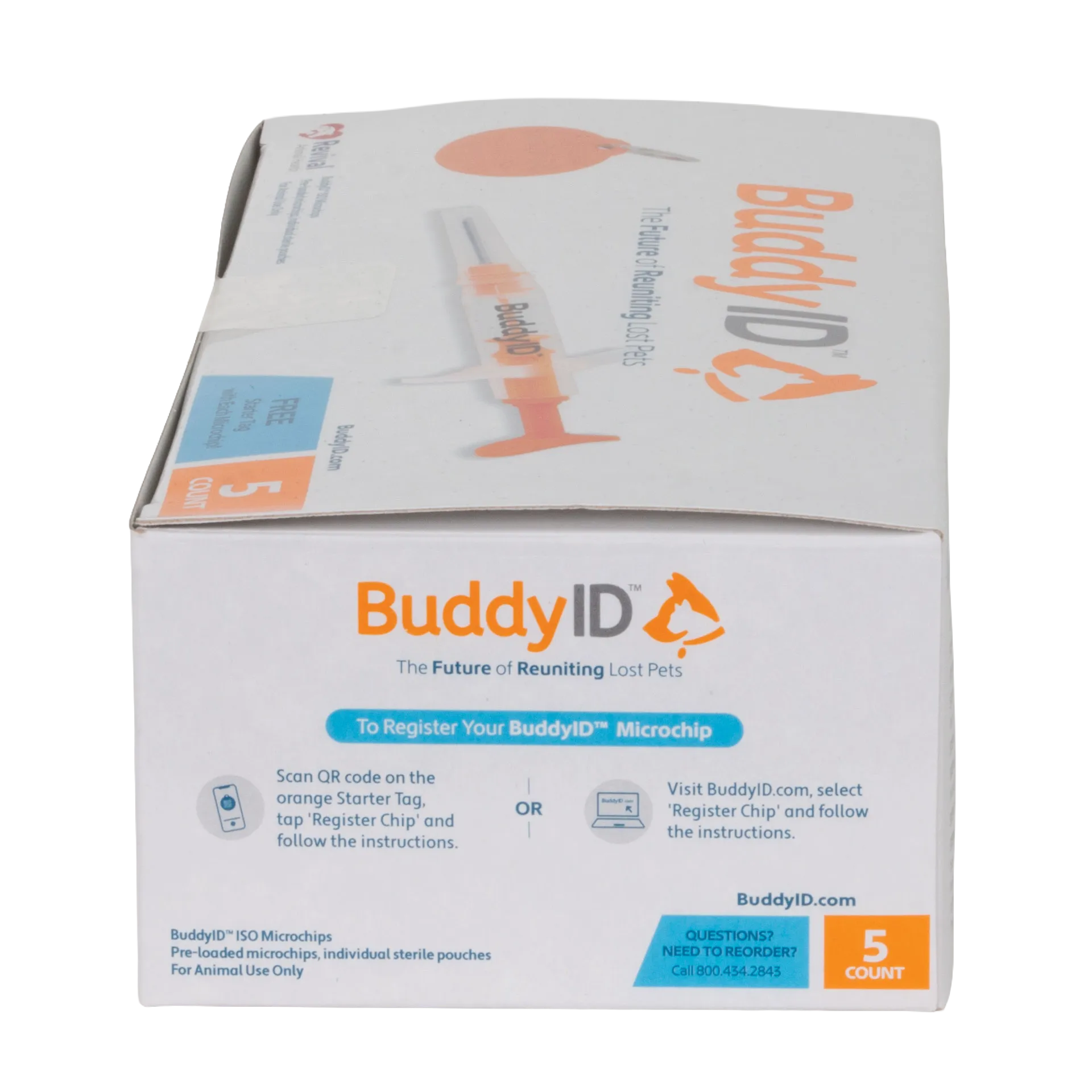 BuddyID®  ISO Microchip,"Box with syringe illustration and front panel view"