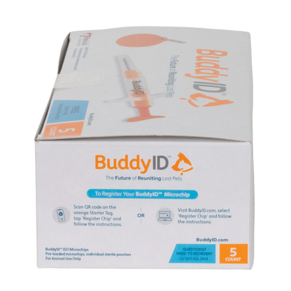 BuddyID®  ISO Microchip,"Box with syringe illustration and front panel view"