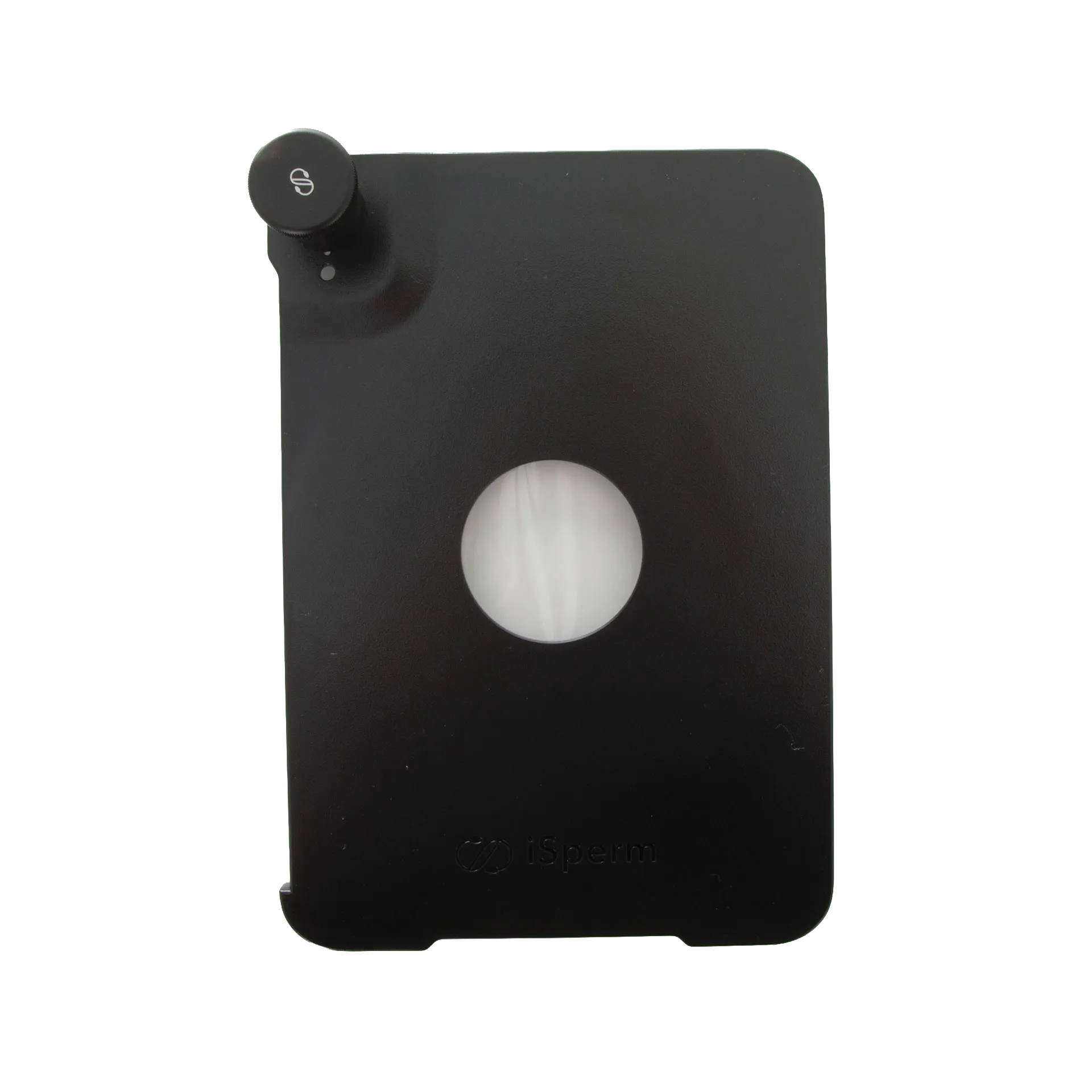 iSperm Semen Analyzer,"Black analyzer unit with circular viewing window and top knob"