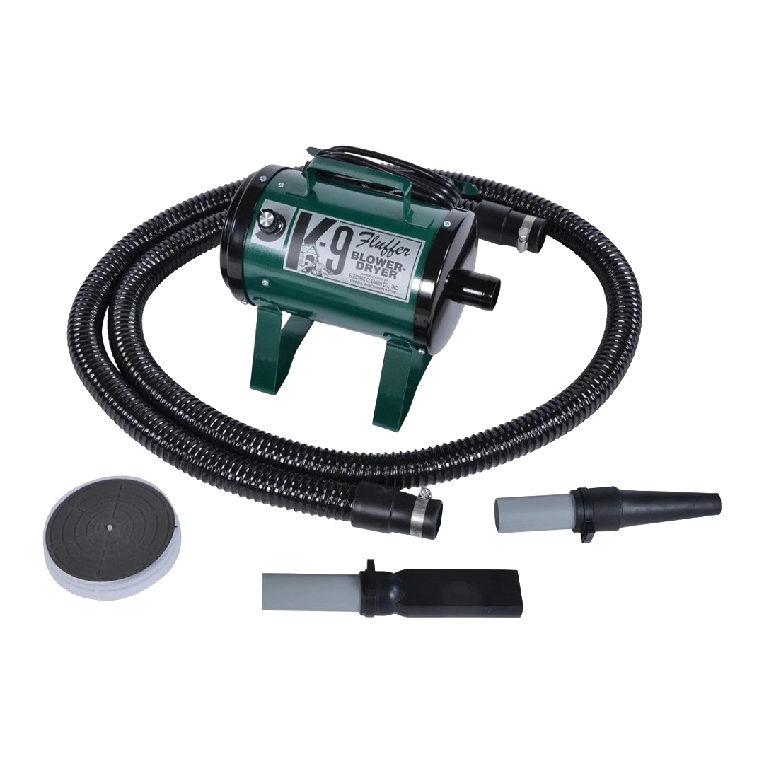 K-9 Fluffer Dog Dryer & Dog Fluffer,"Green pet dryer with coiled hose and two nozzle attachments"