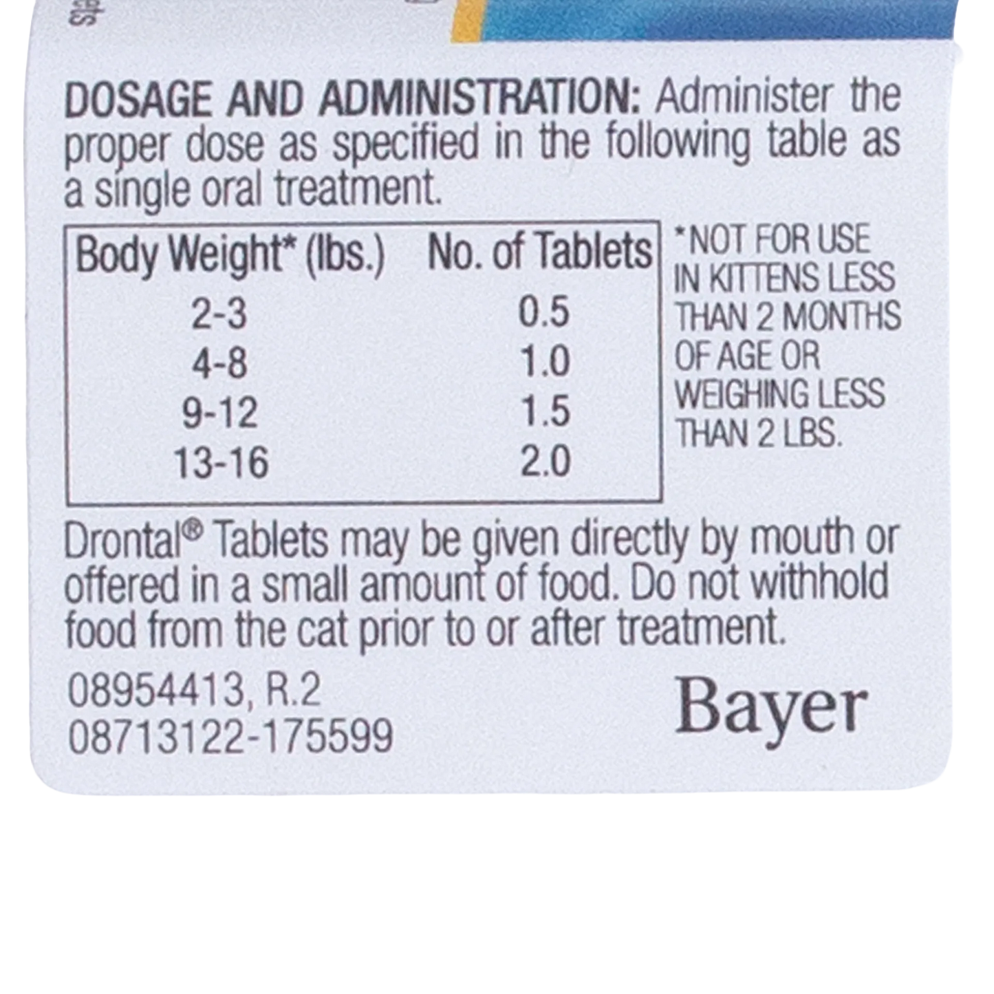 Drontal® for Cats,"Back of box with dosage chart and administration directions"