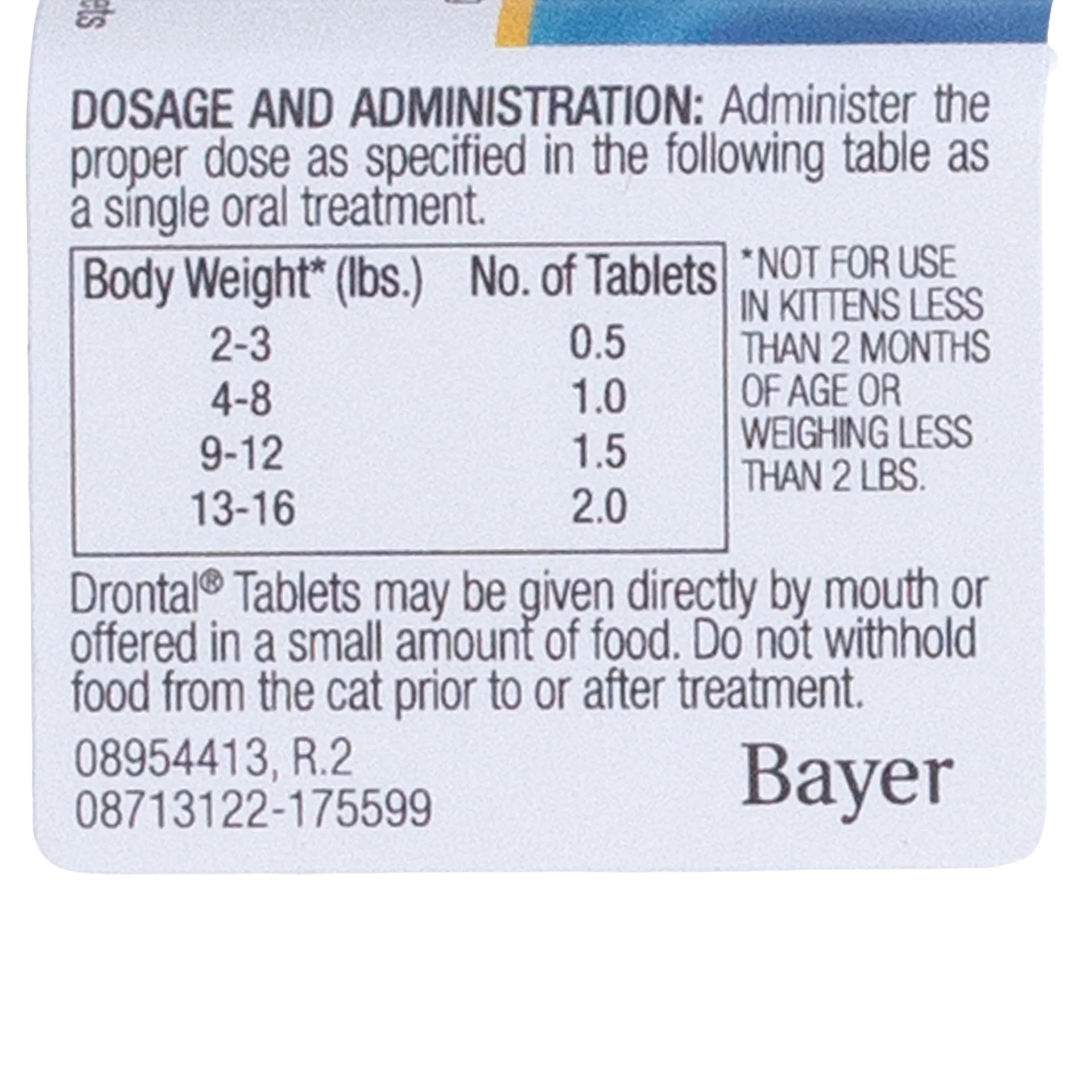Drontal® for Cats,"Back of box with dosage chart and administration directions"