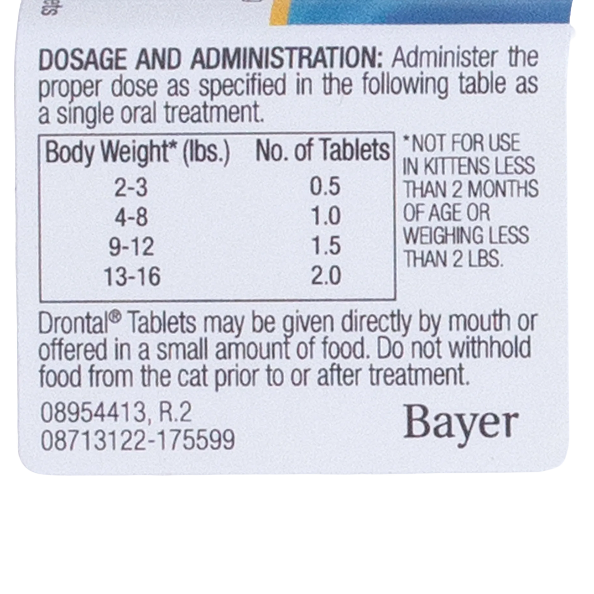 Drontal® for Cats,"Back of box with dosage chart and administration directions"