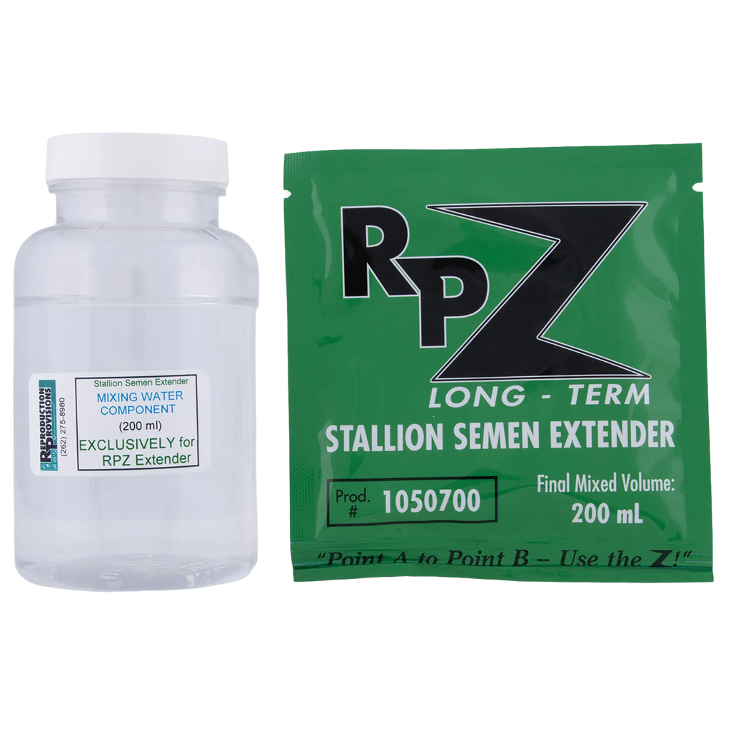 RP-Z Long-Term Stallion Semen Extender,"Clear bottle with white cap beside green packet"