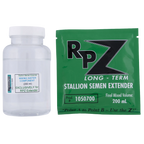 RP-Z Long-Term Stallion Semen Extender,"Clear bottle with white cap beside green packet"