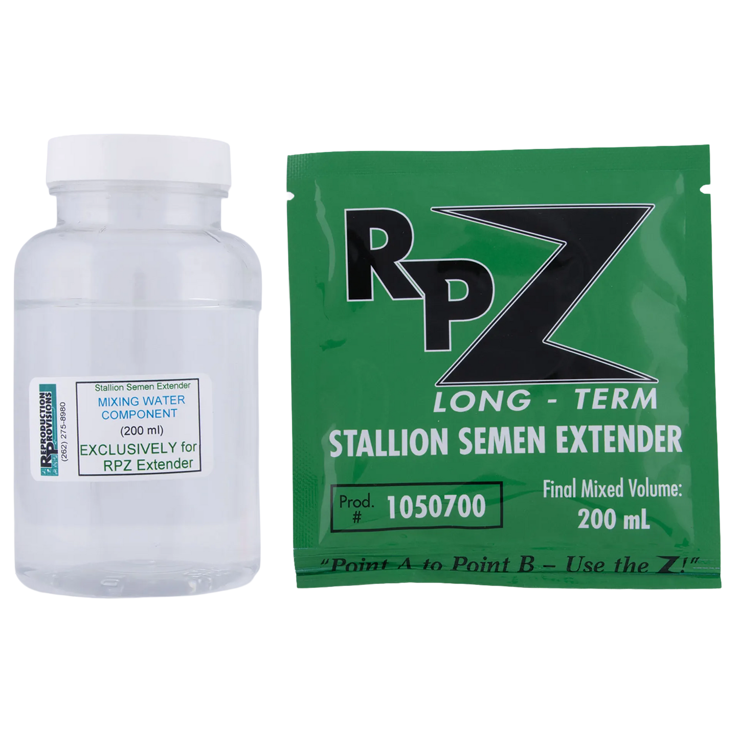 RP-Z Long-Term Stallion Semen Extender,"Clear bottle with white cap beside green packet"
