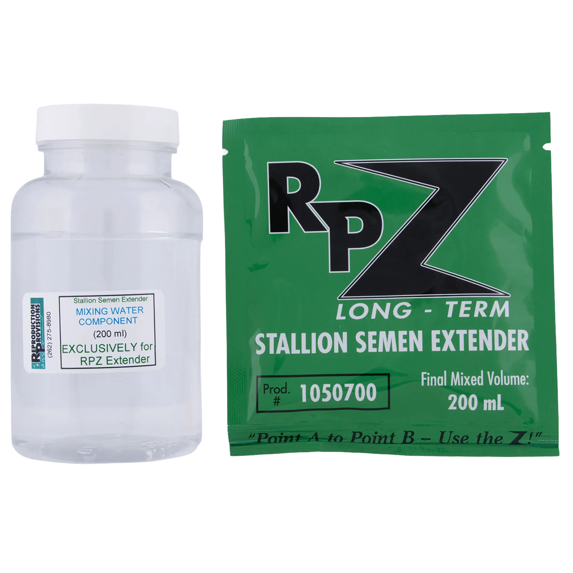 RP-Z Long-Term Stallion Semen Extender,"Clear bottle with white cap beside green packet"