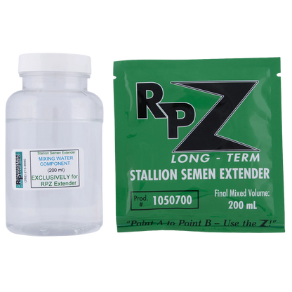 RP-Z Long-Term Stallion Semen Extender,"Clear bottle with white cap beside green packet"