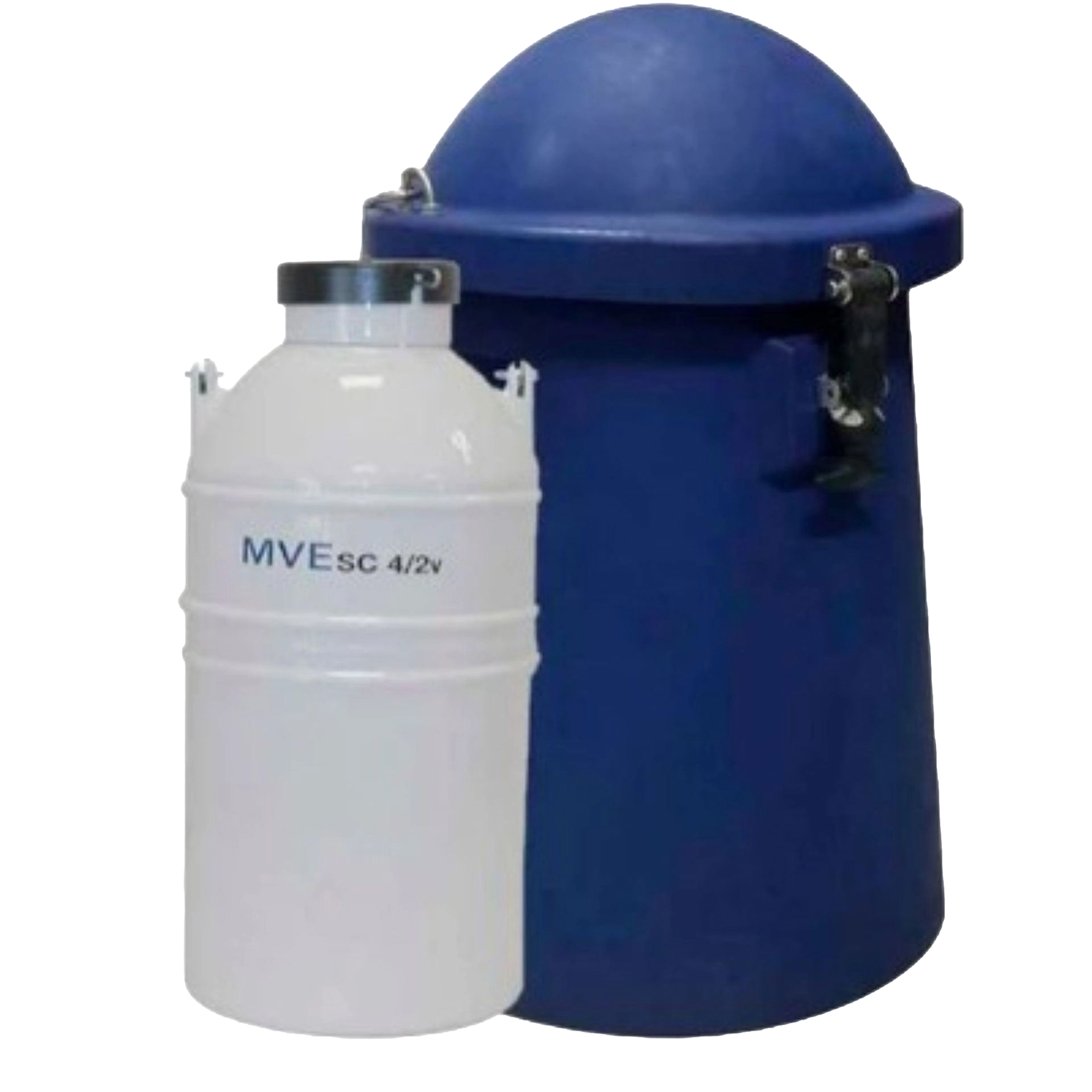 Newly Designed Next Generation Vapor Shipper,"Blue canister with domed lid and white insert container"