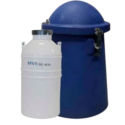 Newly Designed Next Generation Vapor Shipper,"Blue canister with domed lid and white insert container"