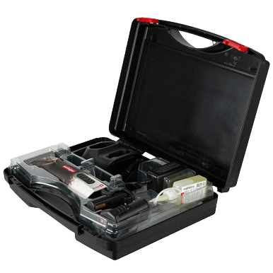 Opal Horse Design Cordless Clipper with Two Batteries and Two Free Drives,"Open clipper case with cordless clipper, batteries, charger, and accessories"