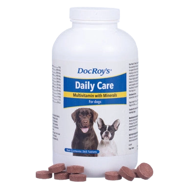 Doc Roy's® Daily Care Canine,"White supplement bottle with dog label and round brown tablets"