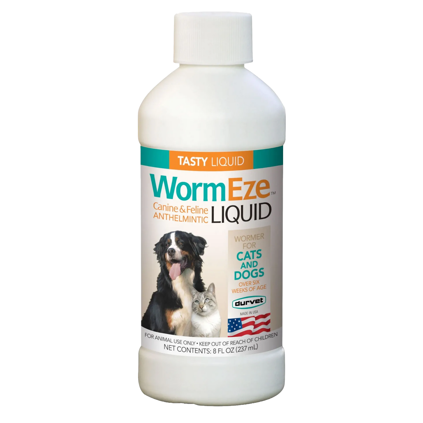 WormEze™ Liquid for Dogs & Cats,"White bottle with screw cap and dog and cat label"