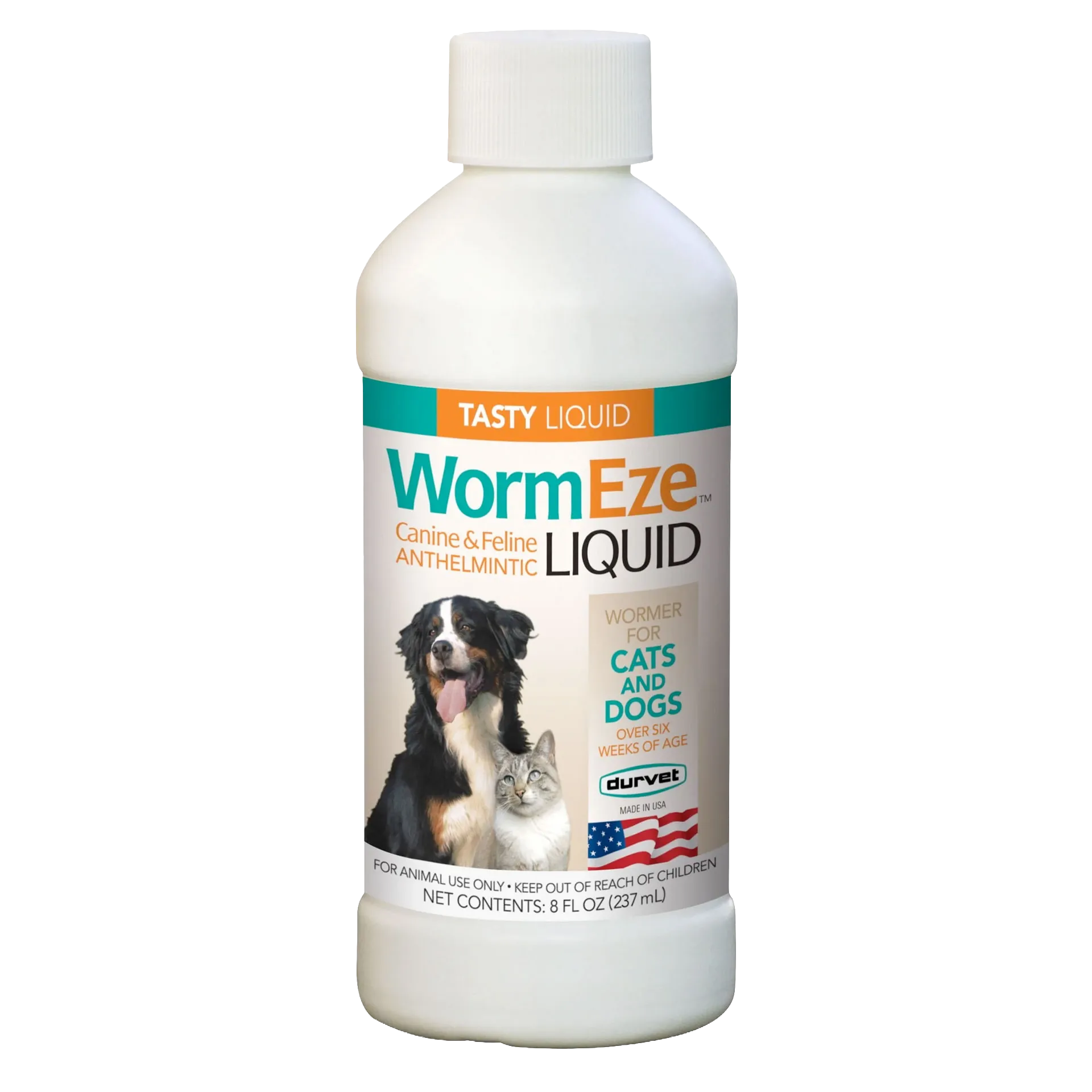 WormEze™ Liquid for Dogs & Cats,"White bottle with screw cap and dog and cat label"