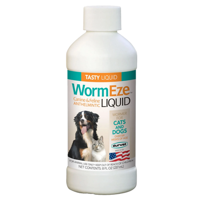 WormEze™ Liquid for Dogs & Cats,"White bottle with screw cap and dog and cat label"