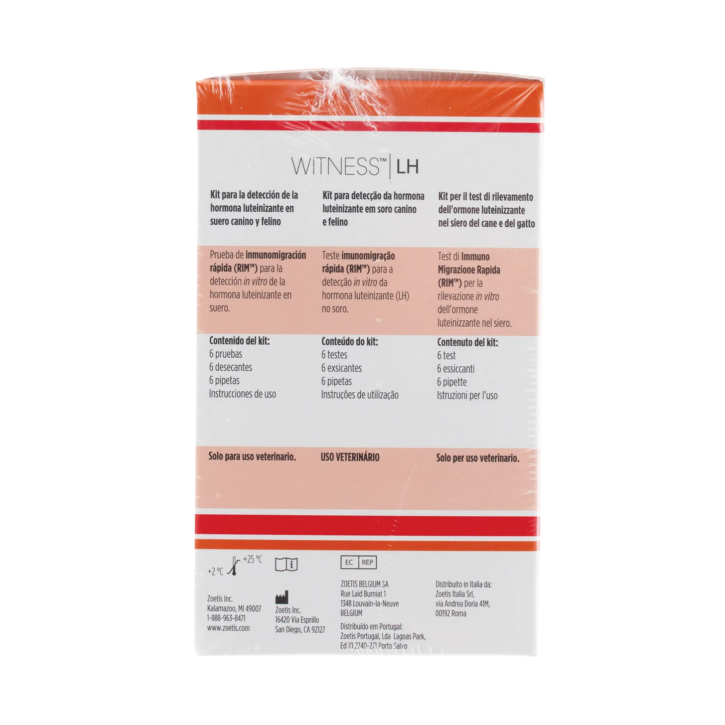 WITNESS™ LH Test Kit,"Back of test kit box with orange and red striped packaging"