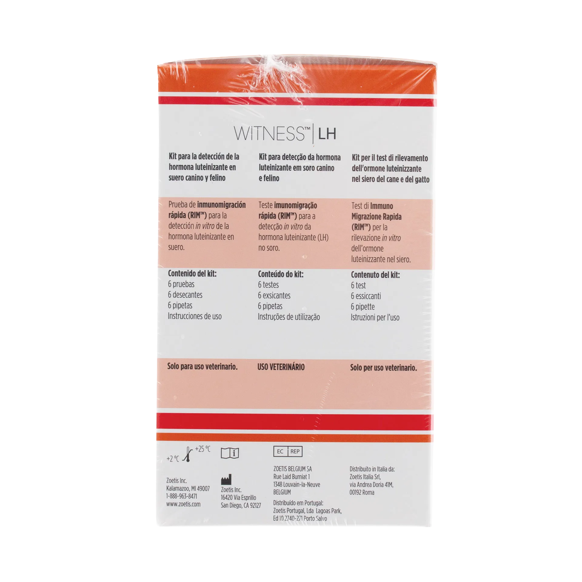 WITNESS™ LH Test Kit,"Back of test kit box with orange and red striped packaging"