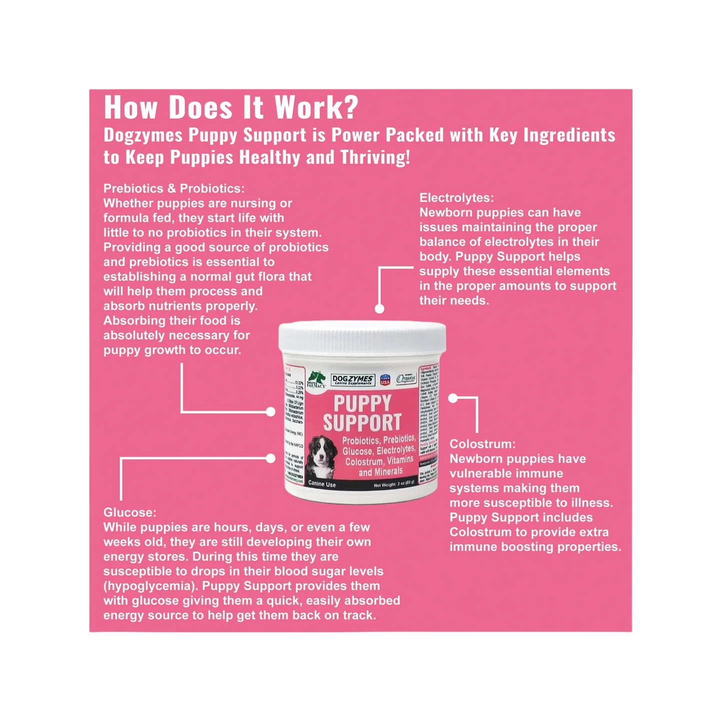 Puppy Support for Fading Puppies,"Supplement jar shown in ingredient infographic"