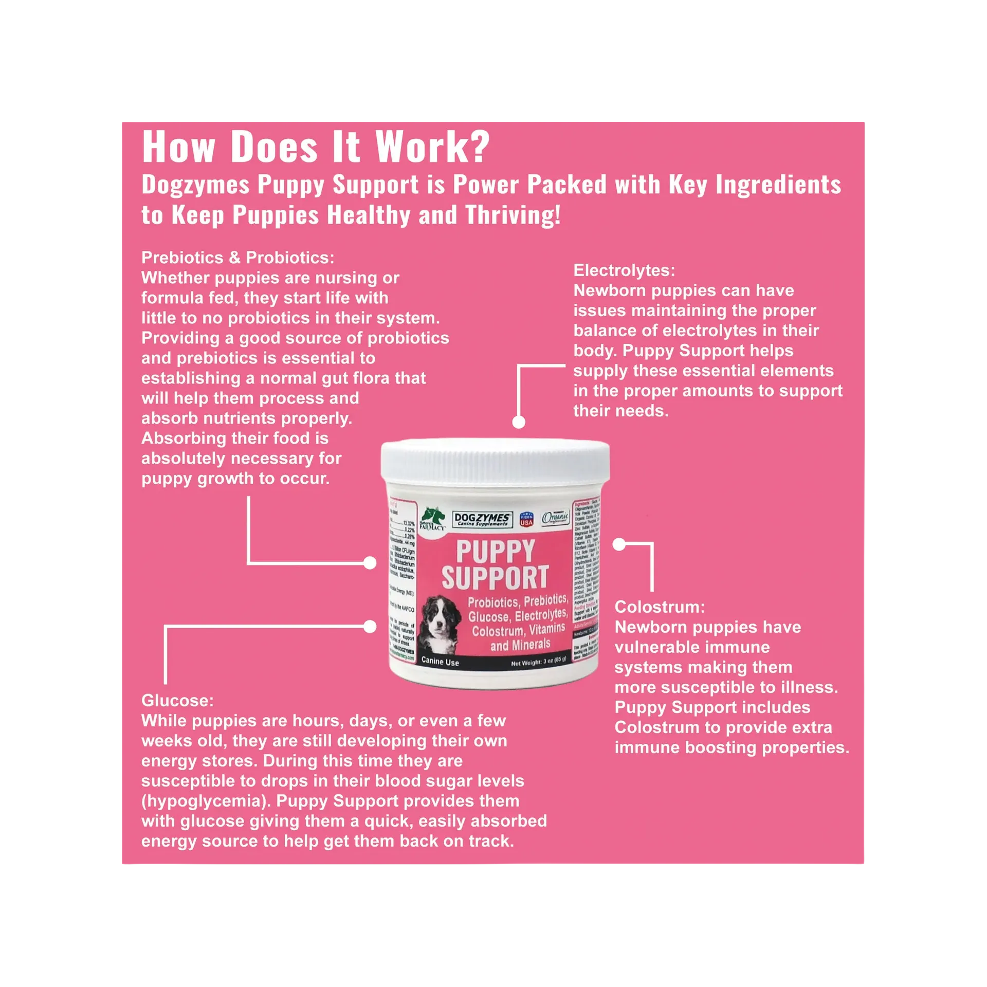 Puppy Support for Fading Puppies,"Supplement jar shown in ingredient infographic"
