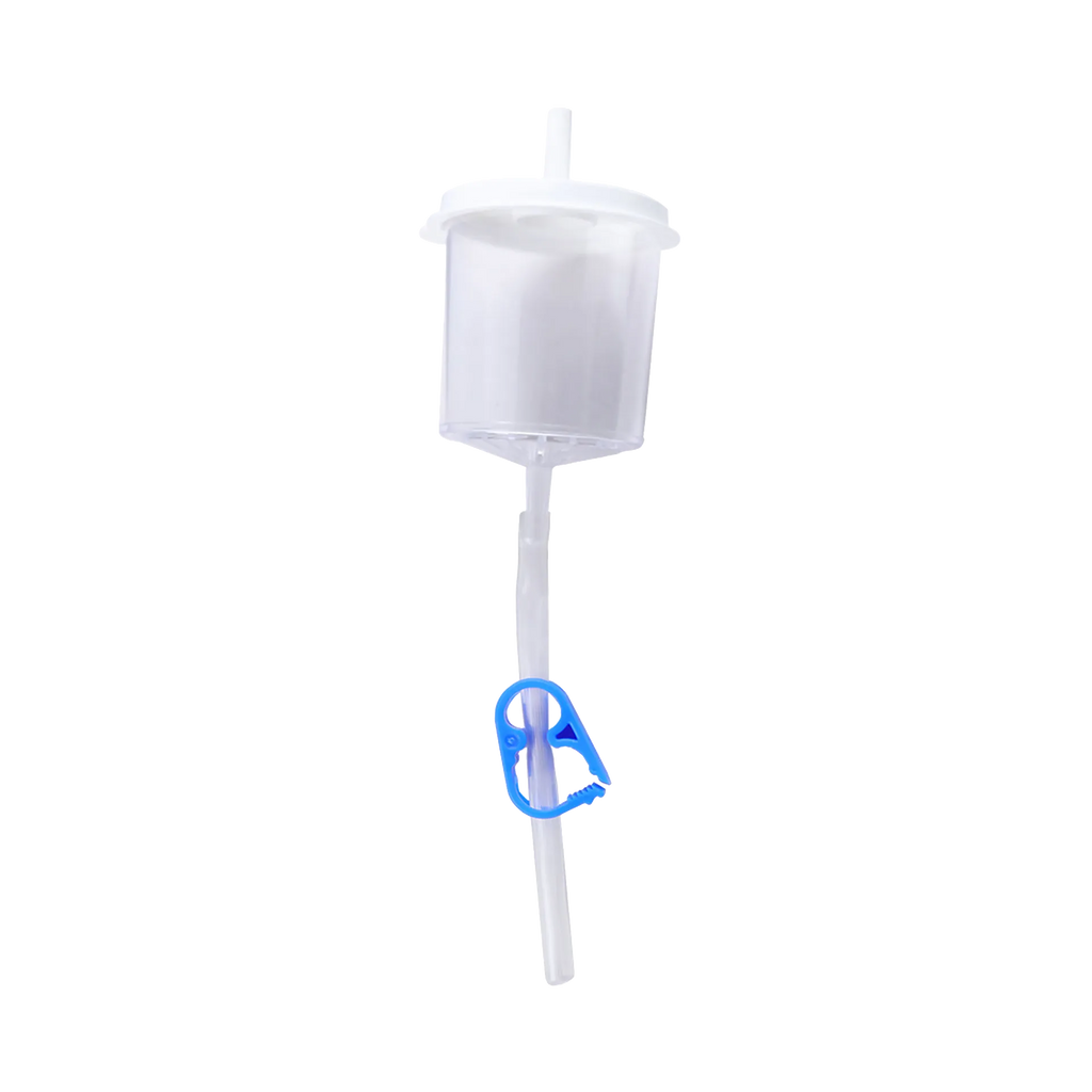 Em Con Flush Filter,"Clear drip chamber with tubing and blue clamp"