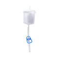 Em Con Flush Filter,"Clear drip chamber with tubing and blue clamp"