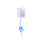 Em Con Flush Filter,"Clear drip chamber with tubing and blue clamp"