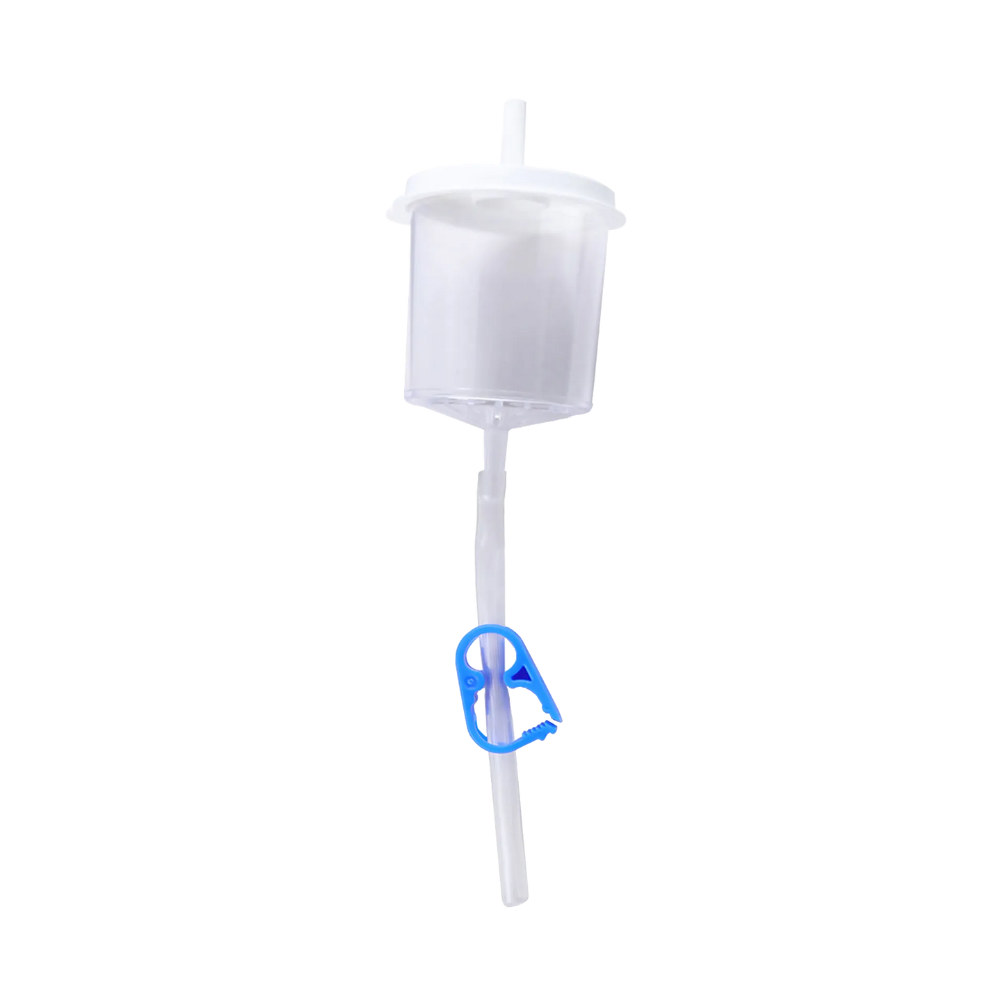 Em Con Flush Filter,"Clear drip chamber with tubing and blue clamp"