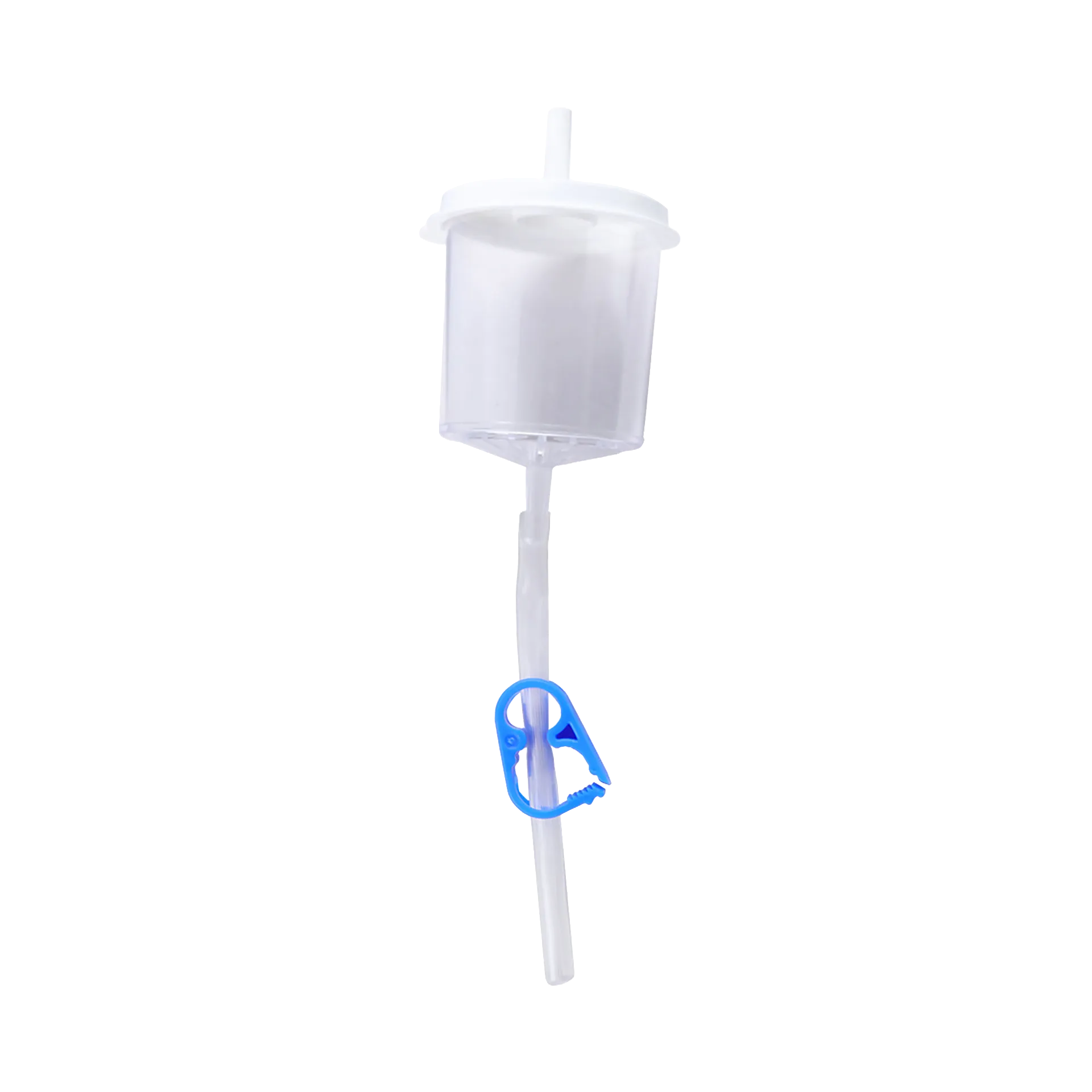 Em Con Flush Filter,"Clear drip chamber with tubing and blue clamp"