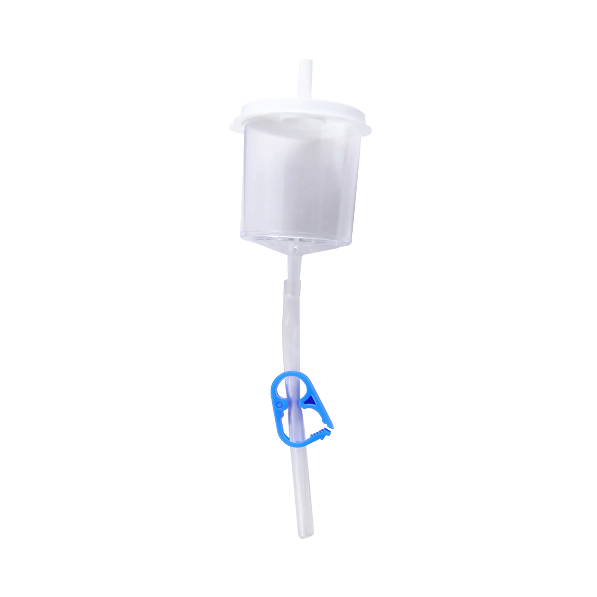 Em Con Flush Filter,"Clear drip chamber with tubing and blue clamp"