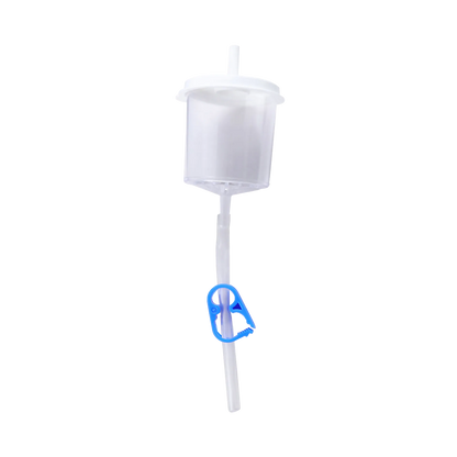 Em Con Flush Filter,"Clear drip chamber with tubing and blue clamp"