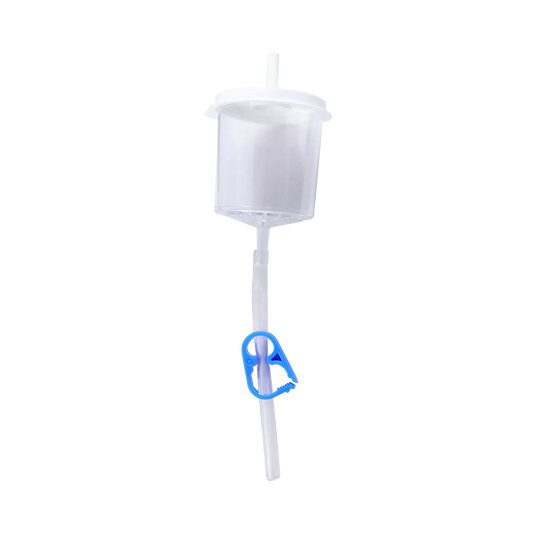 Em Con Flush Filter,"Clear drip chamber with tubing and blue clamp"