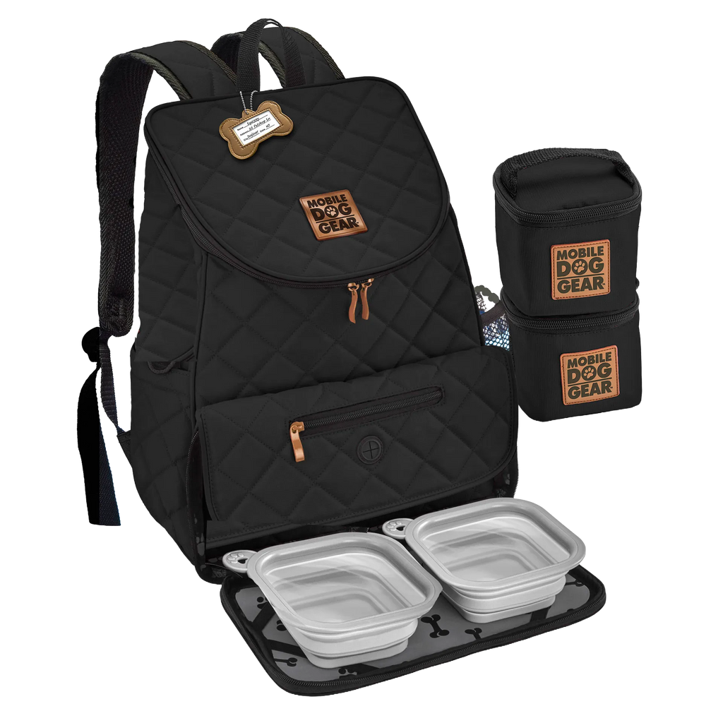 Weekender Backpack,"Black quilted backpack with food containers and collapsible bowls"