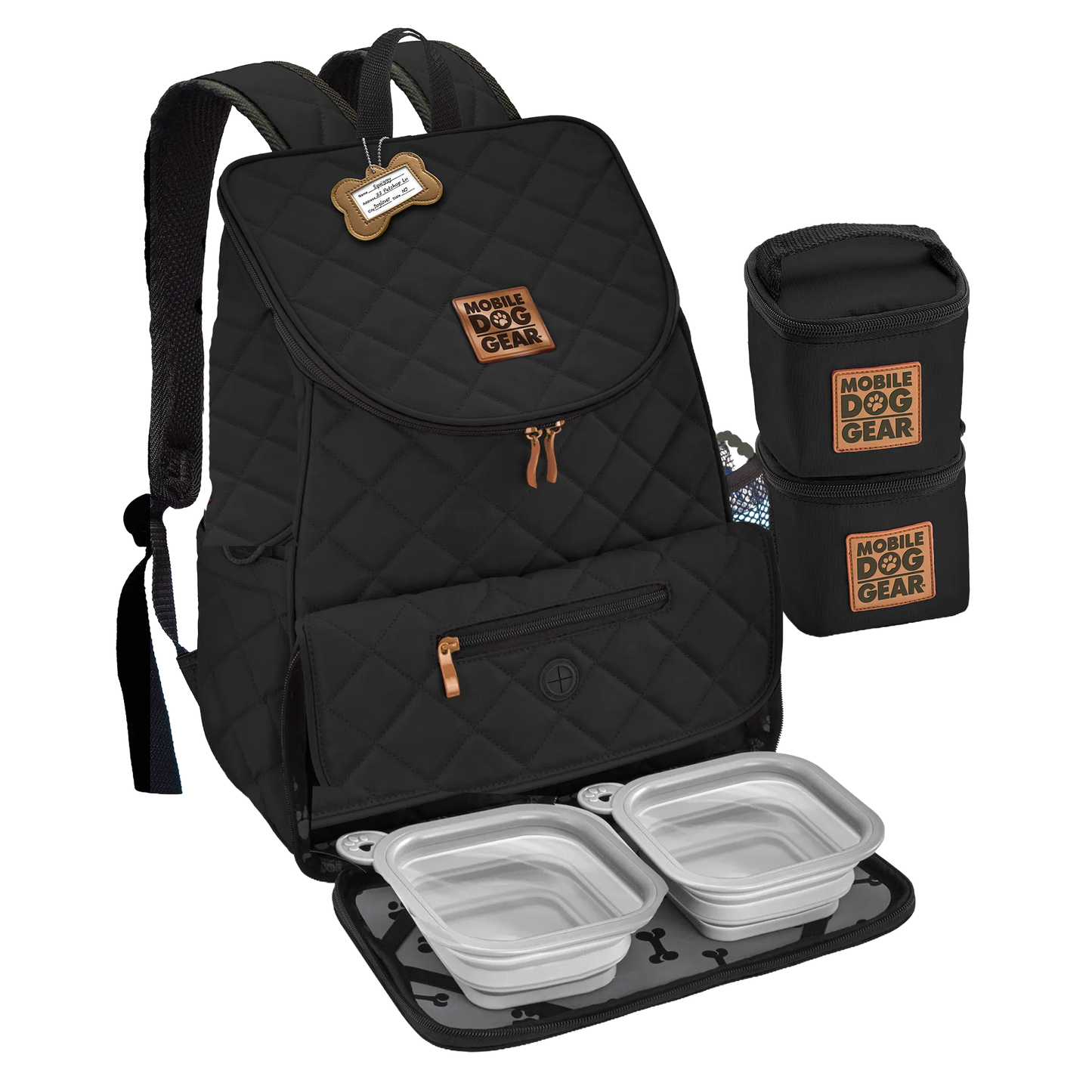 Weekender Backpack,"Black quilted backpack with food containers and collapsible bowls"