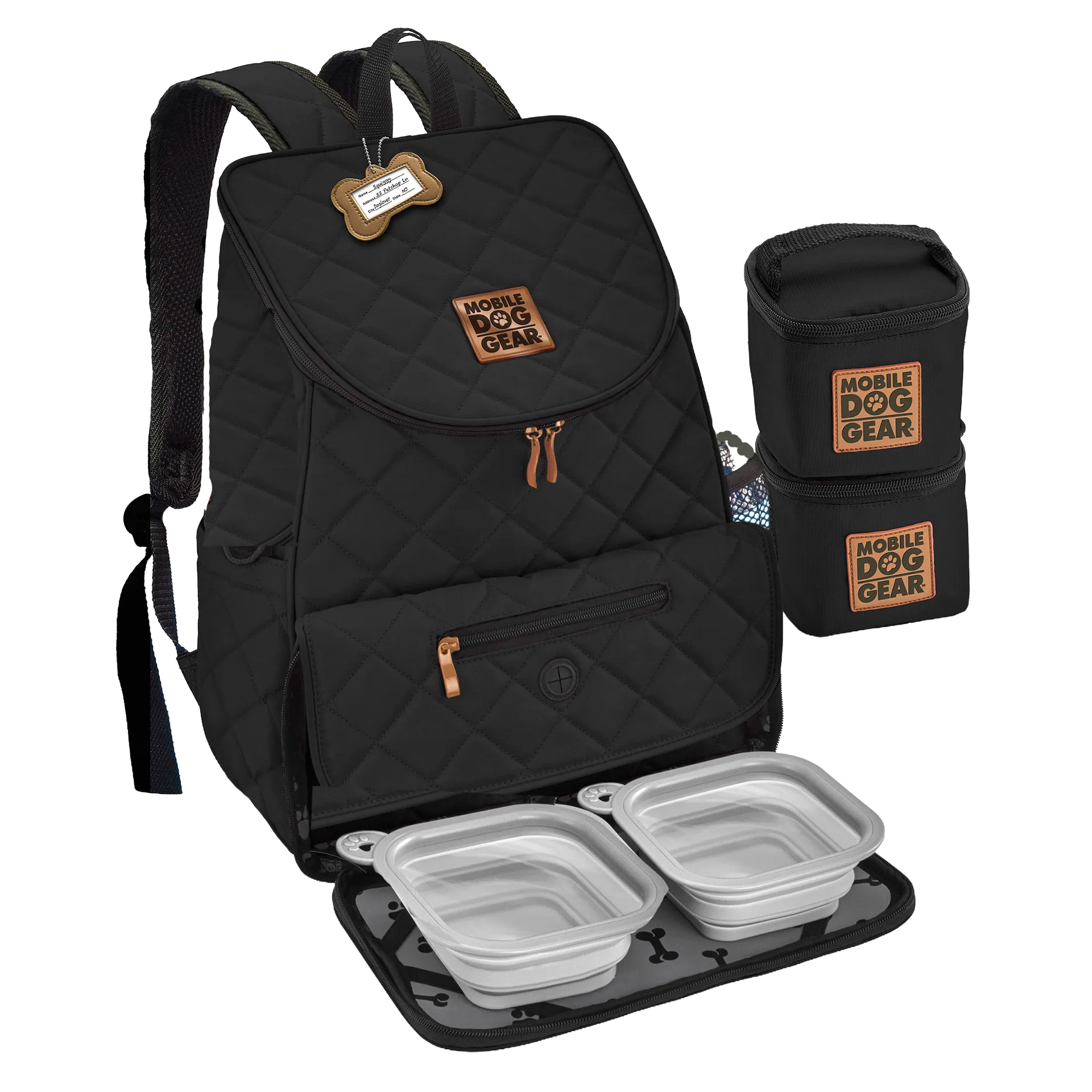 Weekender Backpack,"Black quilted backpack with food containers and collapsible bowls"