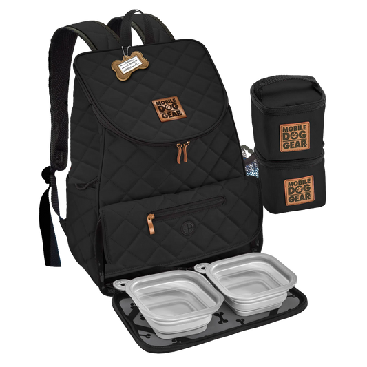 Weekender Backpack,"Black quilted backpack with food containers and collapsible bowls"