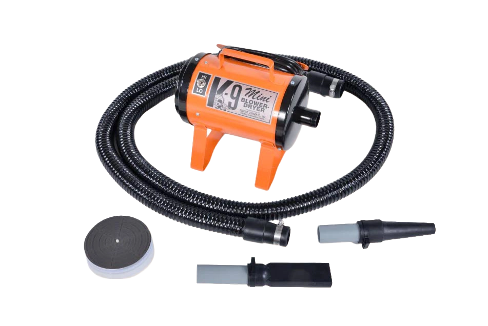 Mini K-9 Dog Dryer,"Orange blower dryer with hose and nozzle attachments"