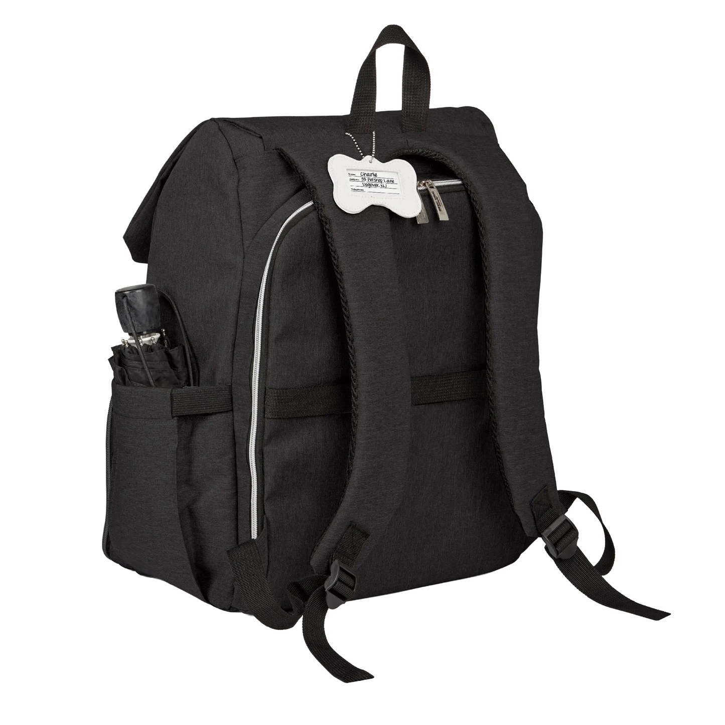 Ultimate Week Away Backpack,"Black backpack rear view with shoulder straps and luggage tag"