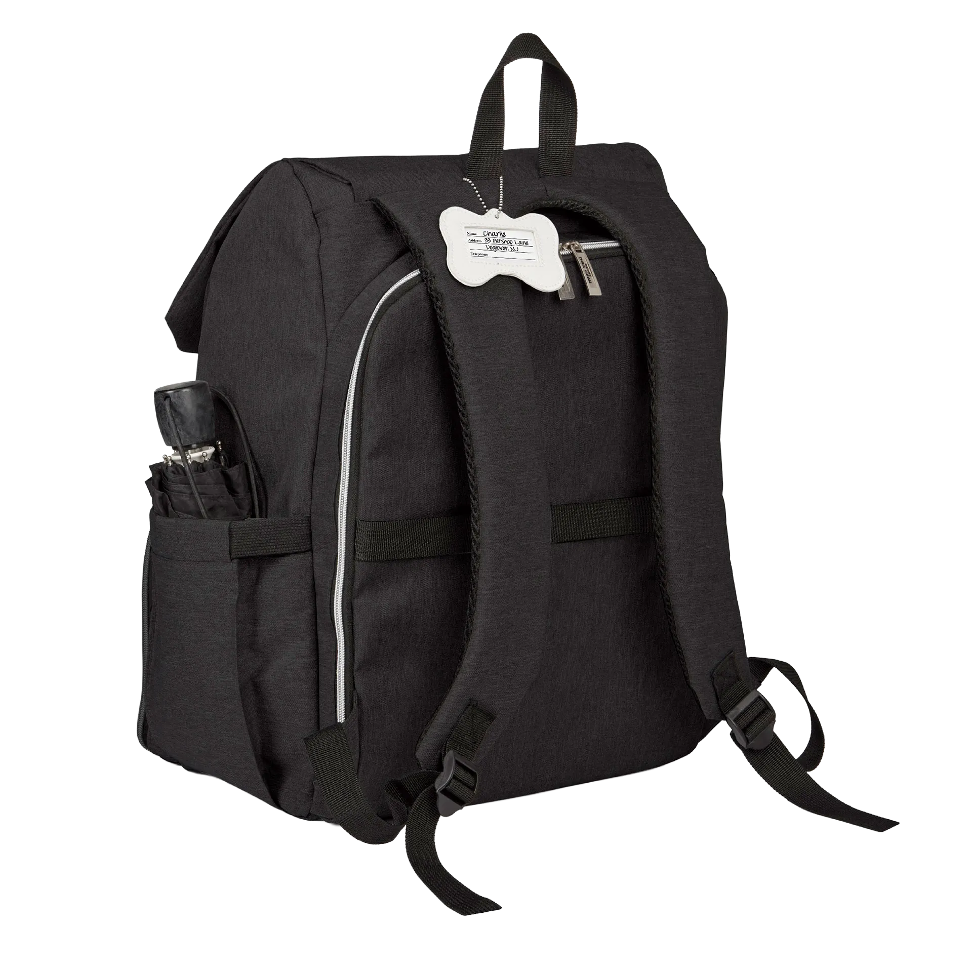 Ultimate Week Away Backpack,"Black backpack rear view with shoulder straps and luggage tag"