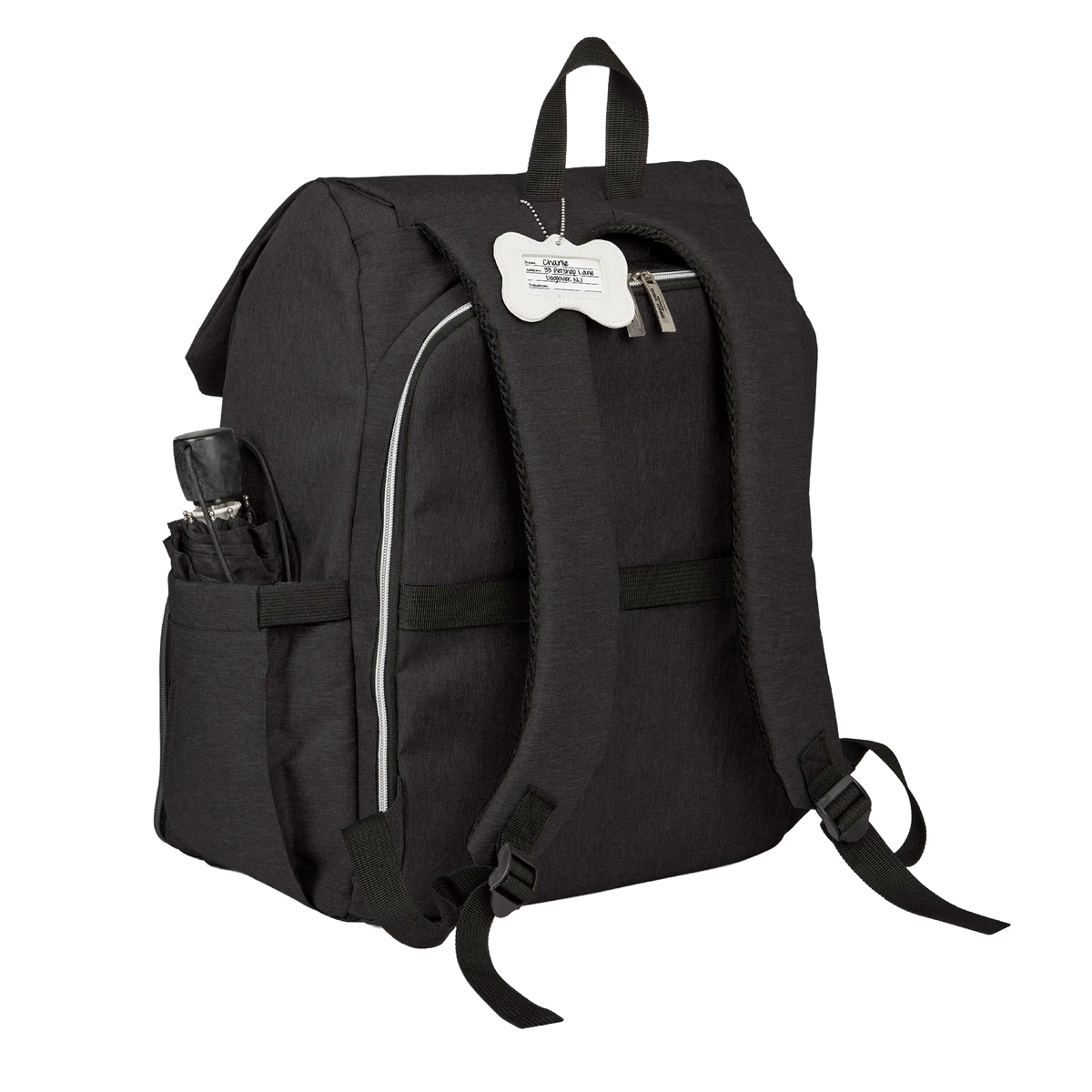 Ultimate Week Away Backpack,"Black backpack rear view with shoulder straps and luggage tag"