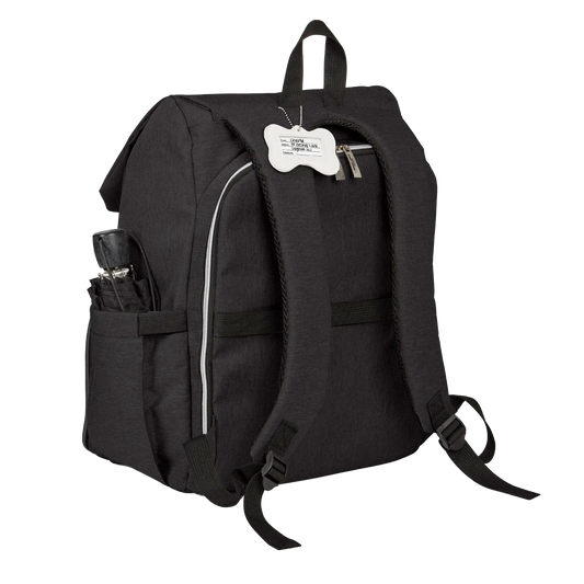 Ultimate Week Away Backpack,"Black backpack rear view with shoulder straps and luggage tag"