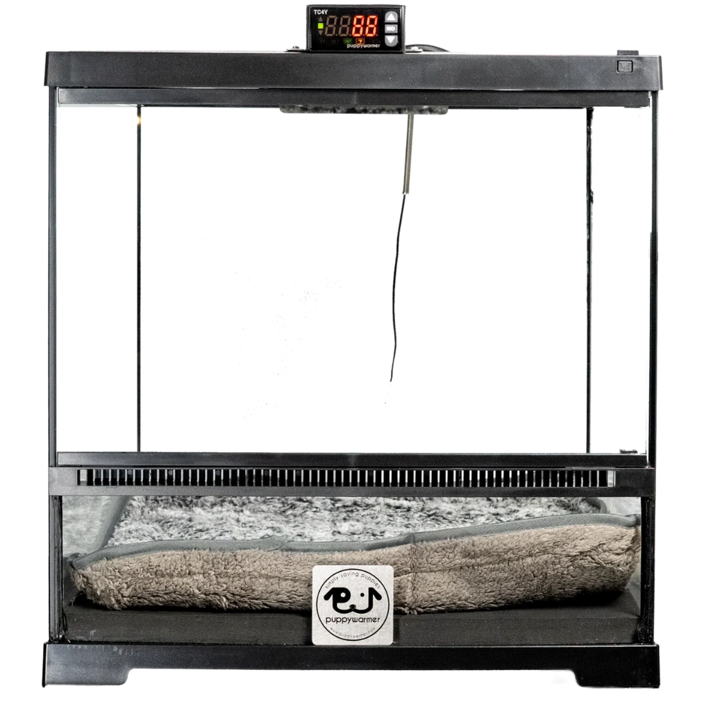 Puppywarmer® Puppy Incubator,"Black glass incubator with digital display and cushion bed"