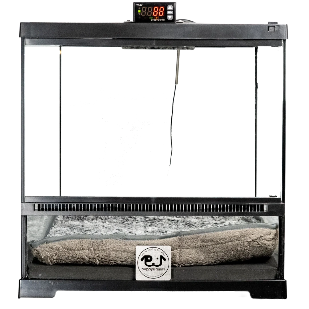 Puppywarmer® Puppy Incubator,"Black glass incubator with digital display and cushion bed"