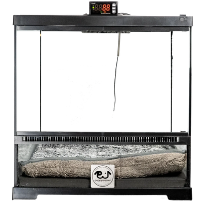 Puppywarmer® Puppy Incubator,"Black glass incubator with digital display and cushion bed"