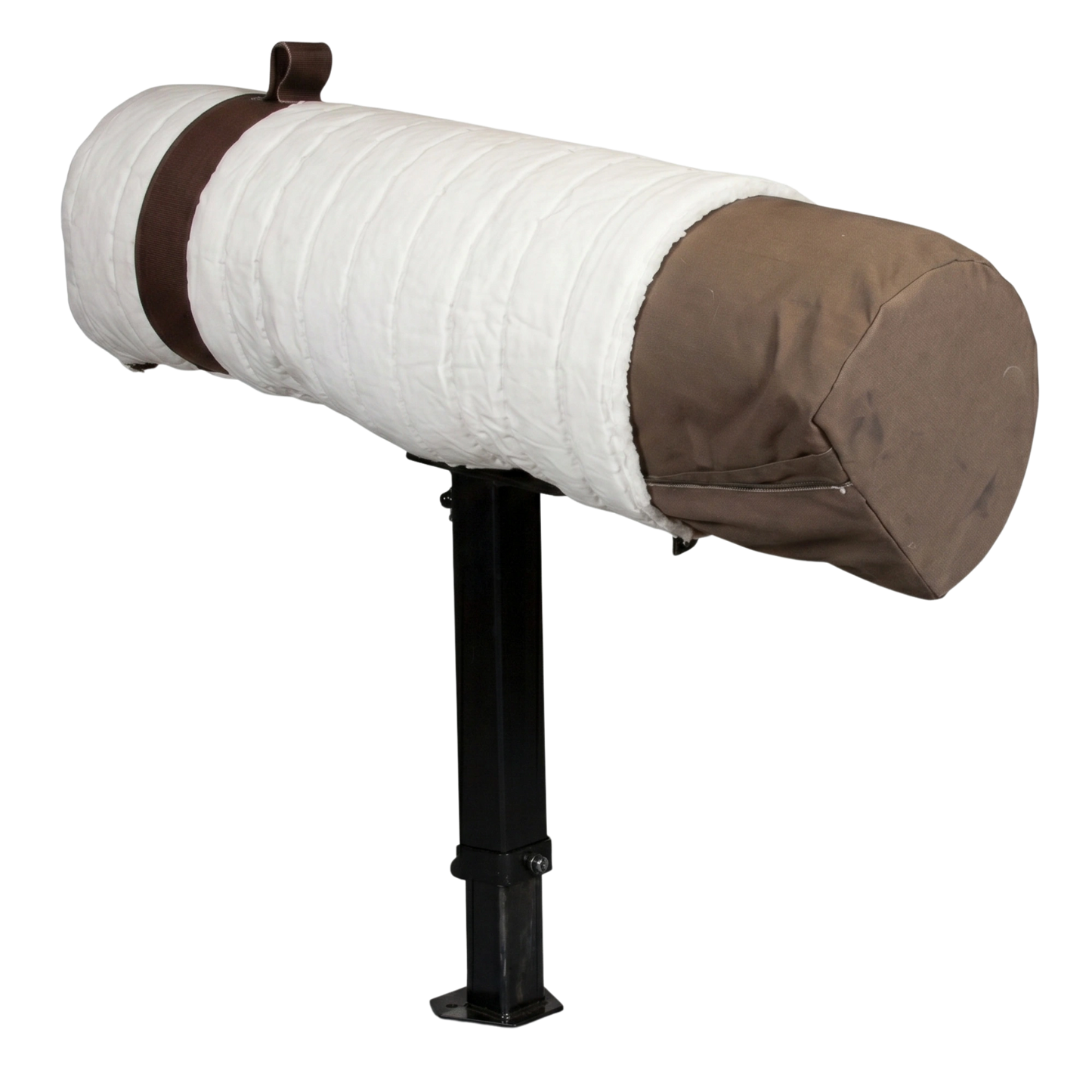 Quilted tunnel on black stand with brown end cap,"Quilted tunnel mounted on black stand with brown end cap"