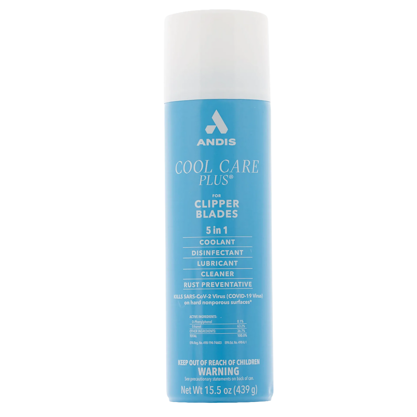 Andis® Cool Care Plus®,"Blue aerosol can with white cap, front view"