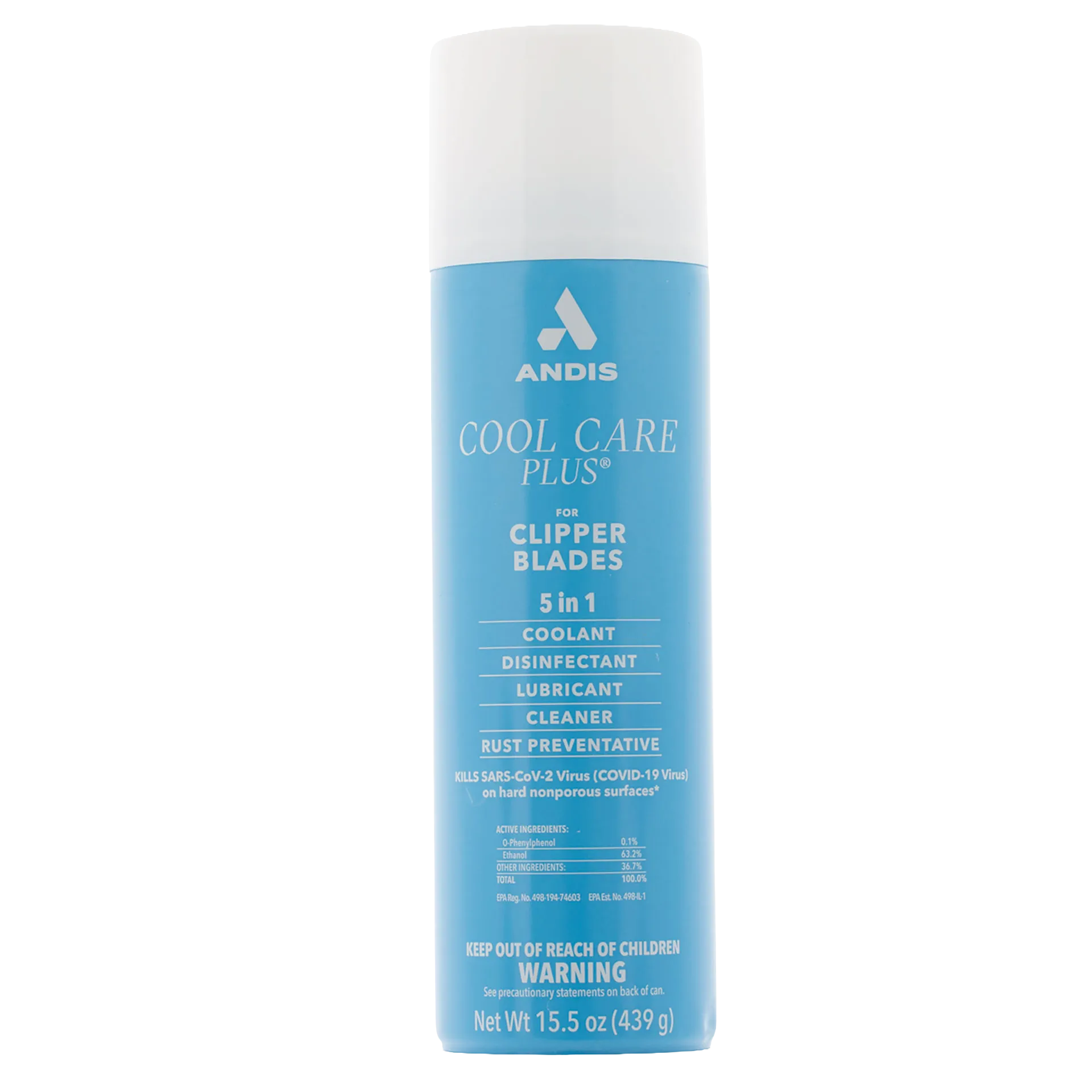 Andis® Cool Care Plus®,"Blue aerosol can with white cap, front view"