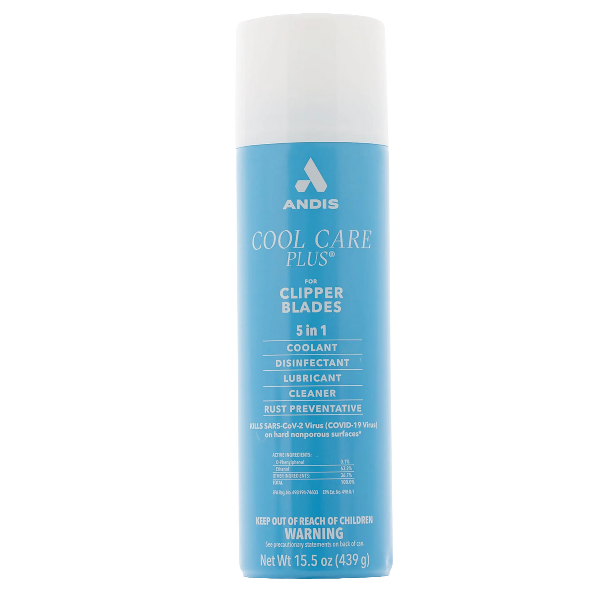 Andis® Cool Care Plus®,"Blue aerosol can with white cap, front view"
