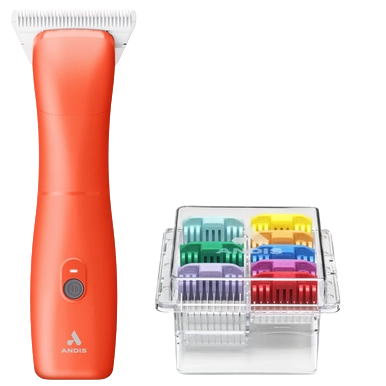 Emerge Clipper Orange with #30W Blade With FREE 8Pc Wide Comb Attachment Bundle by Andis,"Orange clipper with blade and clear case of eight guide combs"