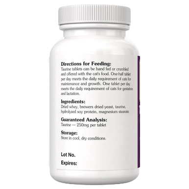 PetAg Taurine Tablets,"White supplement bottle showing back label"