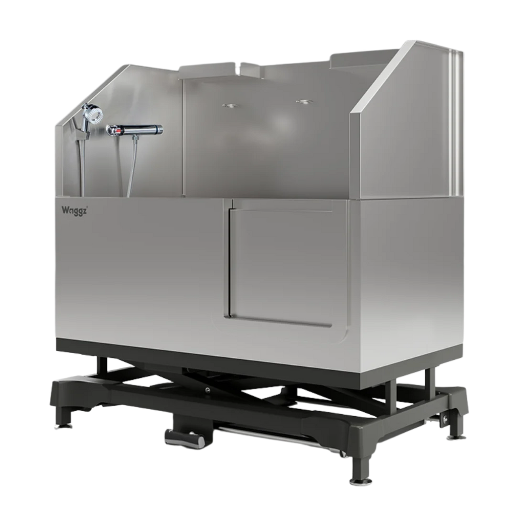 Dog Grooming Electric Tub with Sliding Door by Waggz,"Stainless steel grooming tub with sliding front door and sprayer"
